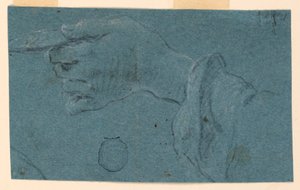 Studie einer linken Hand, die eine kleine Scheibe hält