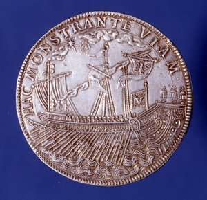 Dukat von Vincenzo Gonzaga (Vincent Gonzague) (1562 - 1612), Herzog von Mantua, der eine Galeere darstellt