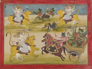 Durga kämpft gegen die Rakshashas Shunga und Nishunga, aus einem Devi Mahatmya