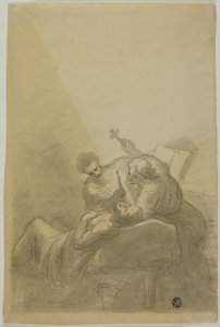Sterbender Mann, begleitet von zwei Figuren mit Kerze, Buch und Kreuz