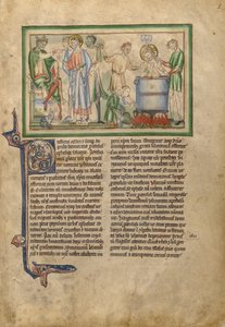 Kaiser Domitian spricht zu Johannes dem Evangelisten und Johannes der Evangelist in einem Kessel mit kochendem Öl
