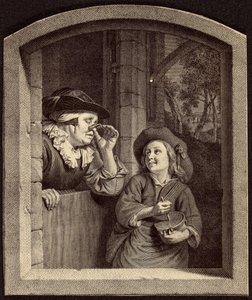 Gravur einer alten Frau und eines Jungen