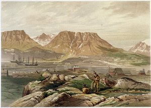 Eskimos und Siedlung - in "Die Küsten des Polarmeeres, eine Erzählung der Arktisexpedition", von Dr. Edward Moos, Marcus Nard & Co, London