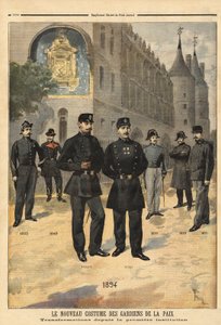Entwicklung der Uniformen der Friedenswächter (oder Stadtsoldaten) von 1860 bis 1894, vor dem Uhrturm der Concierge, Paris. Gravur in „Le petit journal“ 09/1894. Selvas Sammlung.