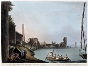 Außenansicht der alten Mauer von Alexandria, mit Kleopatras Nadel (Stadtmauern und Obelisk) - in „Views in Egypt, Palestine and other parts of the Ottoman Empire“