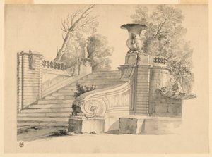 Fantasie. Eine Treppe in einem Park, in Ruinen. von Unknown artist