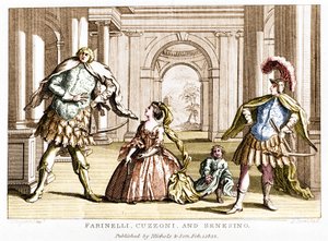 Farinelli (Carlo Broschi, genannt; 1705 - 1782) mit der Sopranistin Cuzzoni und dem Kastraten Francesco Bernardo Senesino (1680 - 1750) in der Oper von Georg Friedrich Händel