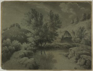 Bauernhof mit Teich im Vordergrund, Kühe weiden auf dem Hügel