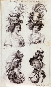 Mode des 18. Jahrhunderts: die Hüte der Berliner Frauen. Gravur von 1793
