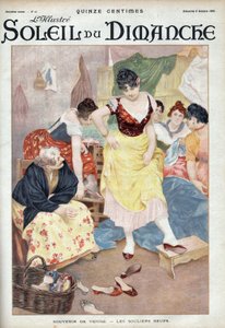 Mode Ende des 19. Jahrhunderts: neue Schuhe aus Venedig. Frauen probieren Schuhe aus der italienischen Stadt. Gravur in „Le soleil-du-dimanche“, 8. Oktober von Unknown artist