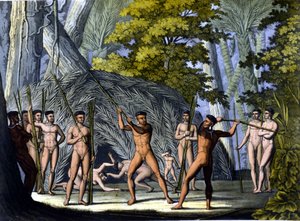 Kampf zwischen Botocudos, Indianer Brasiliens - in „The old and modern costume“ von Ferrario, ed. Mailand