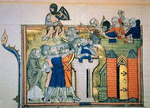 Erster Kreuzzug: Godefroi (oder Godefroy) von Bouillon (1058-1100) in einem runden Turm griff Jerusalem 1099 an. Miniatur aus „Roman De Godefroy De Bouillon et de Saladin“ von Unknown artist