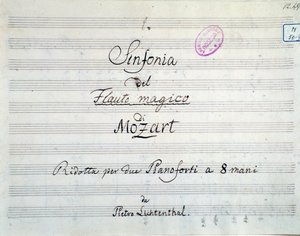 Erste Seite der Symphoniepartitur reduziert auf zwei Klaviere und acht Hände von Die Zauberflöte, Oper von Mozart, Lichtenthal-Version (19. Jahrhundert) von Unknown artist