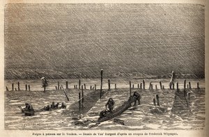 Fischfallen, aufgestellt an den Ufern des Yukon-Flusses (extremes Nordkanada). Gravur zur Illustration der Reise und Abenteuer in Britisch-Kolumbien, Vancouver Island und Alaska, von Frederick Whymper