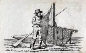 Fischer und Fischernetz. Feine Gravur des 18. Jahrhunderts. Private Sammlung.