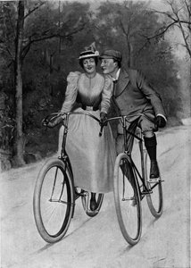 Flirt Ende des Jahrhunderts: Paar auf einem Fahrrad - Gravur