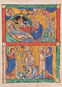 Vier Szenen aus dem Neuen Testament: Die Verkündigung und der Besuch (unten); Die Geburt Christi und die Verkündigung an die Hirten (oben) von Unknown artist