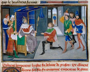 Vierter Kreuzzug: Darstellung von Alexis IV. Angelos als Kaiser neben seinem Vater Isaak II., nachdem er ihn 1203 aus dem Gefängnis befreien konnte. Miniatur aus Chronicle abregee von David Aubert