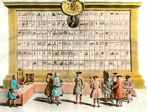 Freimaurerei: Treffen englischer Freimaurer mit Symbolen der wichtigsten Freimaurerlogen. 18. Jahrhundert Tafel. Paris, dekorative Künste