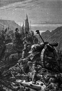 Franz I. (1494 - 1547) blieb in der Nacht vor der Schlacht von Marignano, September 1515, im Sattel. Gravur aus dem 19. Jahrhundert.