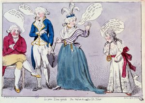 Französische Revolution: Karikatur gegen die Familie von Königin Marie Antoinette (1755-1793) und Ludwig XVI. im Tempelgefängnis. Die Königin und die Schwester des Königs, Madame Elisabeth, streiten unter den Überresten des Königs. Ihre Worte sind in Sprec