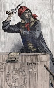 Französische Revolution: Porträt von Jean Paul Marat (1743-1793), Montagnard-Abgeordneter bei der Konvention, mit einer Pistole am Rednerpult