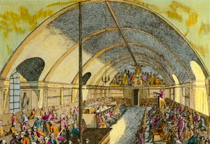 Französische Revolution: Darstellung einer Sitzung der politischen Gesellschaft „Societe des amis de la Constitution“ oder Club der Jakobiner, gegründet in Versailles im Jahr 1789 und in Paris im Oktober 1789 im Kloster der Jakobiner dargestellt. Gravur de von Unknown artist
