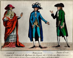 Französische Revolution: Darstellung der Deputierten der drei Stände in den Generalständen in zeremonieller Kleidung: der Klerus, der Adel und der dritte Stand. Druck aus dem späten 18. Jahrhundert
