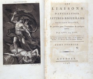 Frontispiz und Titelseite des Buches „Les Liaisons dangereuses“ von Choderlos de Laclos, London.