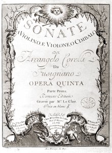 Frontispiz von 12 Sonaten für Violine, Bass und Cembalo von Arcangelo Corelli. Französische Version. von Unknown artist