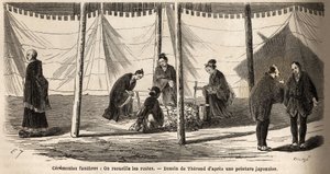 Beerdigungszeremonien: nach der Einäscherung, Sammlung der Überreste. Gravur zur Illustration der Reise nach Japan 1863-1864, von Aimé Humbert, Minister der Schweizerischen Eidgenossenschaft, in „Le tour du monde, nouveau journal des voyages“