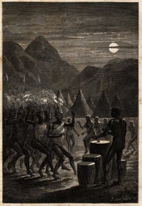 Beerdigungszeremonie bei den Lakutas (Stamm im Oberen Nilgebiet), Trommeln und rituelle Tänze im Mondlicht. Illustration der Reise zum Albertsee, 1861-1864, von Sir Samuel White Baker, in "Le tour du monde, nouveau journal des voyages"
