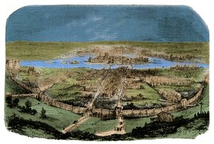 Gesamtansicht von Paris mit der Umfriedung unter Philippe Auguste, Gravur 19. Jahrhundert