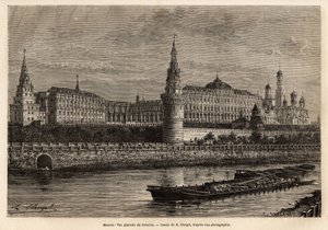 Gesamtansicht des Kremls, das geografische Zentrum von Moskau und das politische Zentrum Russlands, das im 14. Jahrhundert erbaute Viertel wurde im Laufe der historischen Ereignisse des Landes immer wieder erweitert und restauriert. Gravur zur Illustration