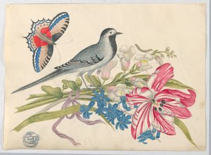 Grauer Vogel auf Zweig mit Tulpe, Löwenmäulchen und Vergissmeinnicht mit Schmetterling