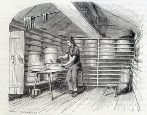 Gruyère-Käserei in einem Schweizer Chalet (Waschen der Rinde) - in „Die Wunder der Industrie“ von Louis Figuier