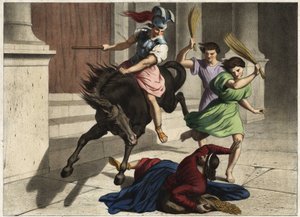 Heliodore (Heliodoros) wurde aus dem Tempel vertrieben: auf Befehl seines Herrschers versuchte er erfolglos, die Schätze des Tempels von Jerusalem zu ergreifen. Anonyme Gravur aus der Mitte des 19. Jahrhunderts. von Unknown artist