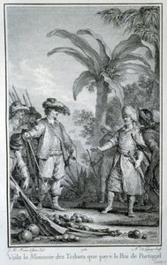 Hier ist die Währung der Tribute, die der König von Portugal zahlt: Handel der Portugiesen in den Kolonien - in „Histoire philosophique et politique des établissements et du commerce des européens dans les deux Indes“ von Guillaume Thomas Raynal, ed. Pelle