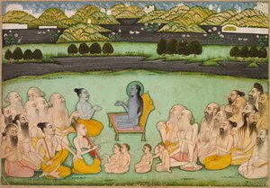 Hindu-Gott Krishna spricht mit Ältesten