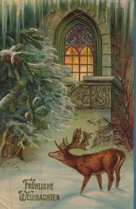 Historische Weihnachtskarte mit Wintermotiv mit Hirsch und Kirche