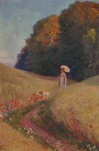 Historische Grußkarte nach einem Gemälde, Mutter und Tochter gehen in einer Blumenwiese von Unknown artist
