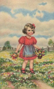 Historische Postkarte mit einem glücklichen Mädchen auf der Wiese, Grußkarte