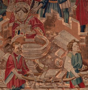 Geschichte von Saint Piat und Saint Eleuthère, Szene 5, Detail. Der Heilige, Maurer und das Taufbecken.