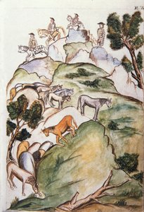 Pferdehüter umzingeln Stuten in den Bergen, um sie zu fangen, aus dem Buch "Trujillo del Peru" oder "Códice Martínez Compañón", von Baltazar Martinez Compañón y Bujanda, Bischof von Trujillo (1782-1785)