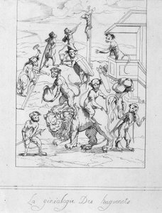 Hugenotten-Genealogie: Karikatur der Protestanten als Affen - Gravur