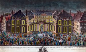Illuminationen des bischöflichen Palastes der Stadt Straßburg während der Feierlichkeiten anlässlich des Aufenthalts von König Ludwig XV. (1710-1774) nach einer schweren Krankheit am 5.10.1744. Zeitgenössischer Druck