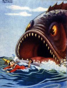 Illustration des Märchens Pinocchio von Carlo Collodi. Ein riesiger Fisch ist dabei, Pinocchio zu verschlingen.