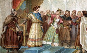 Im Jahr 1274 wurde Königin Maria von Brabant fälschlicherweise vom Großkämmerer Pierre de la Broce (Pierre de Brush) des Todes des jungen Prinzen Louis von Frankreich, des Enkels von Philipp III. und Isabella von Aragon, beschuldigt. Chromolithographie aus