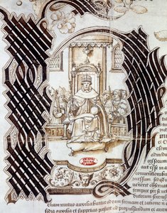 1522 unterzeichnete Karl V. mit König Heinrich VIII. von England (1491-1547) den Vertrag von Windsor, der eine Invasion Frankreichs vorsah. Miniatur aus einem Manuskript, das Heinrich VIII. darstellt. 1532 Paris, National Archives
