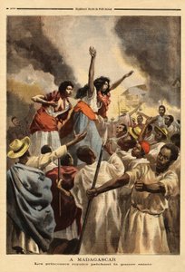 In Madagaskar predigen die königlichen Prinzessinnen (die Schwester und Tante der Königin) den heiligen Krieg gegen Frankreich. Gravur in „Le petit journal“ 9/09/1894. Selvas Sammlung.